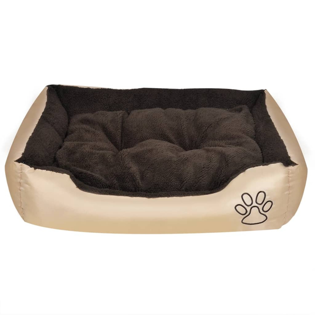 Beige-braunes Hundebett mit Pfotenabdruck. Die Innenseite ist braun und plüschig.