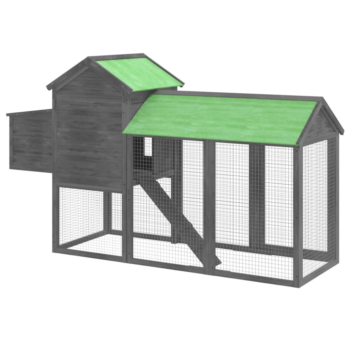 Grauer Hühnerstall aus Holz mit grünem Dach, Drahtgeflecht und Rampe zur oberen Ebene.