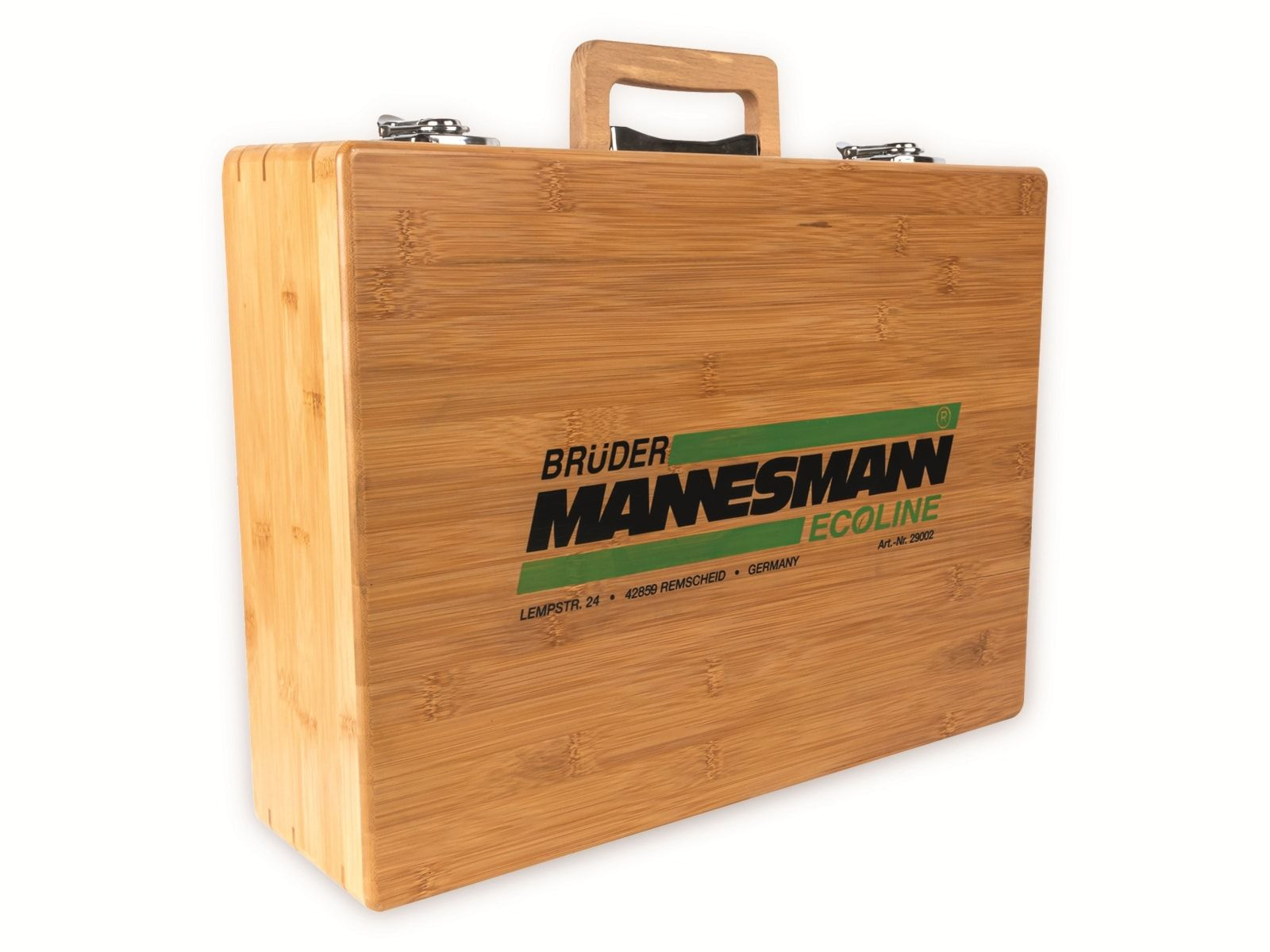 Holzwerkzeugkoffer mit Griff und Metallverschlüssen, Marke 'Brüder Mannesmann'.