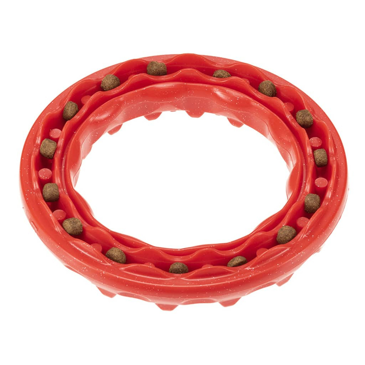 Ciotola rossa per cani con cibo. Forma rotonda con scomparti. Sfondo bianco.