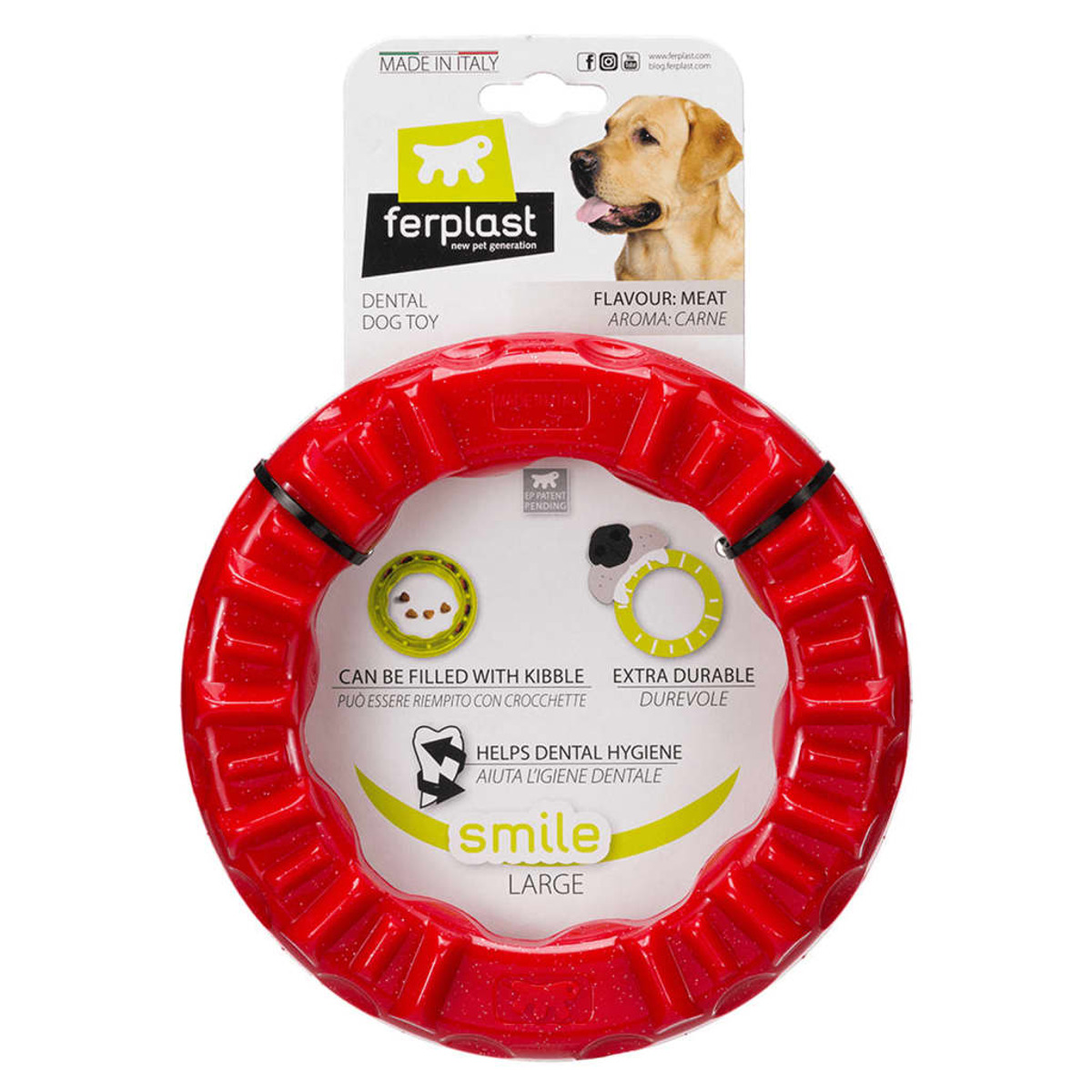 Giocattolo per cani rosso. È un giocattolo da masticare a forma di anello con testo e foto di un cane.