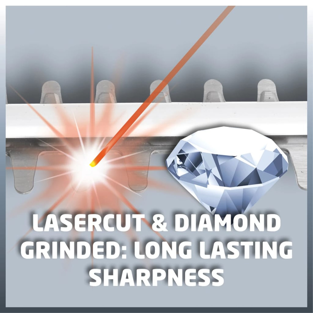 Nahaufnahme einer Laserschneidemaschine mit einer Diamantillustration neben dem Text.