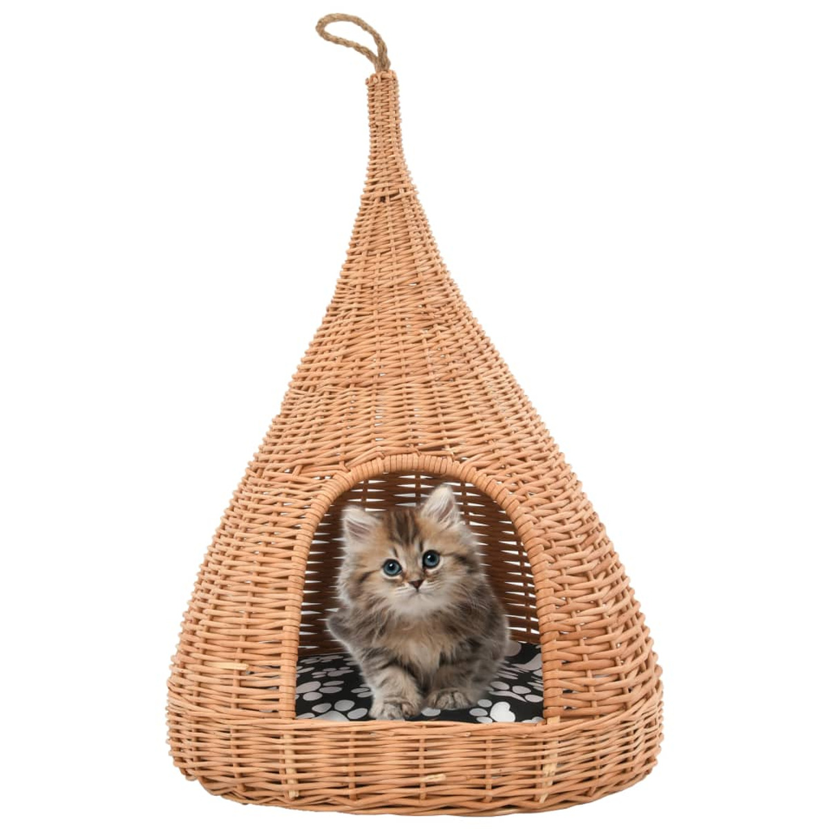 Katzennest aus Weide mit einem Kätzchen darin. Das Bett hat eine Tropfenform.
