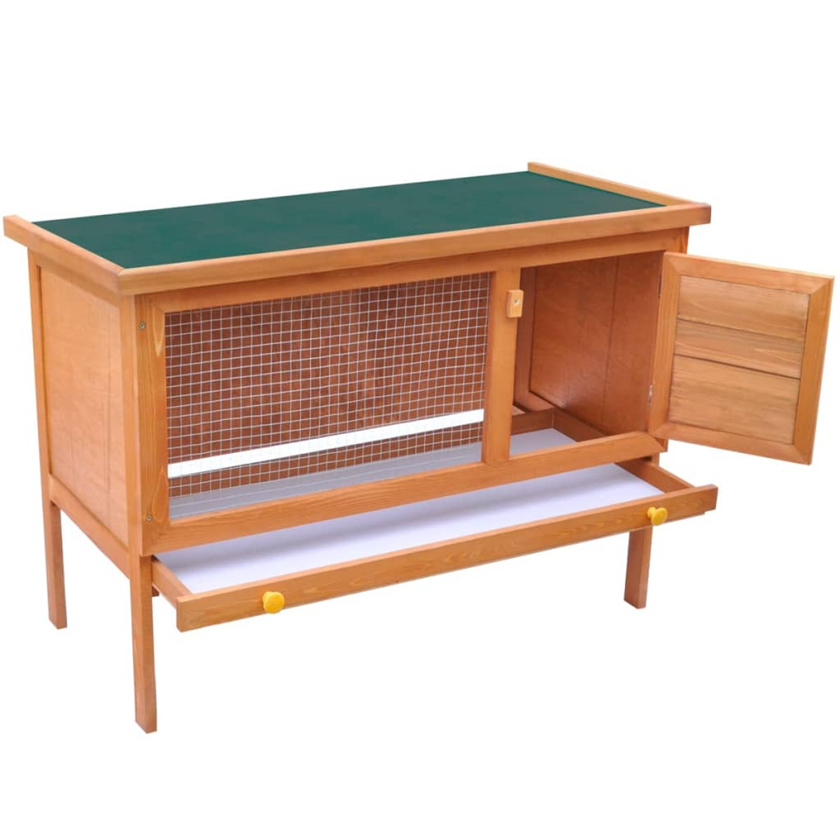 Holz-Kaninchenstall mit grünem Dach. Er hat eine Tür aus Drahtgeflecht und eine Schublade.