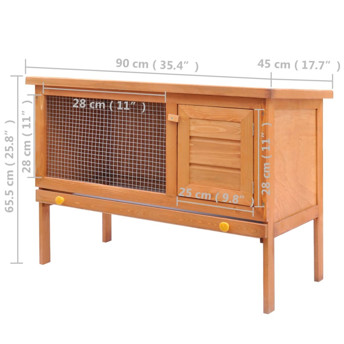 Ein Kaninchenstall aus Holz mit beschrifteten Abmessungen. Er hat eine Gitterseite und eine kleine Tür.