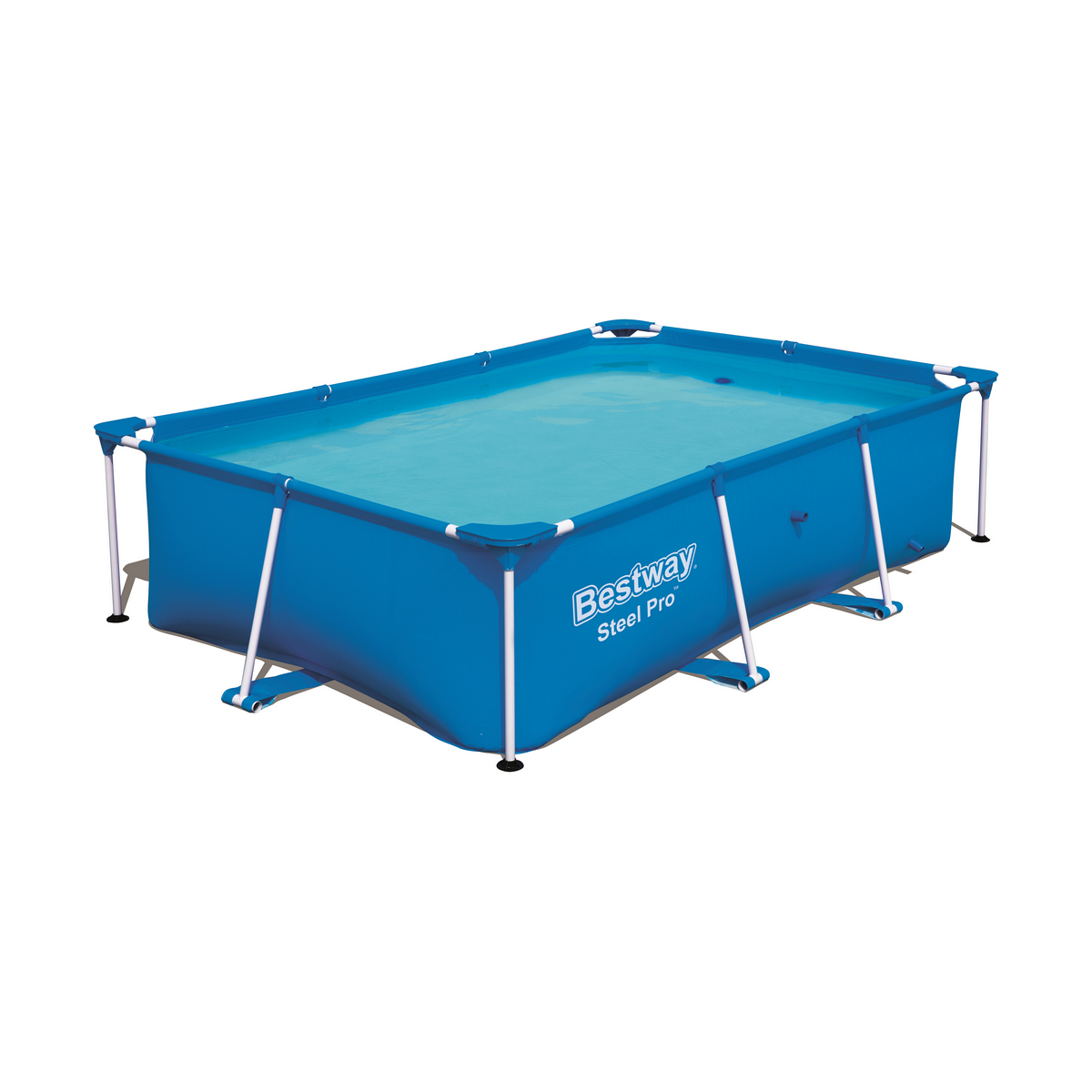 Blauer rechteckiger Aufstellpool mit weißem Rahmen und dem Bestway-Logo.