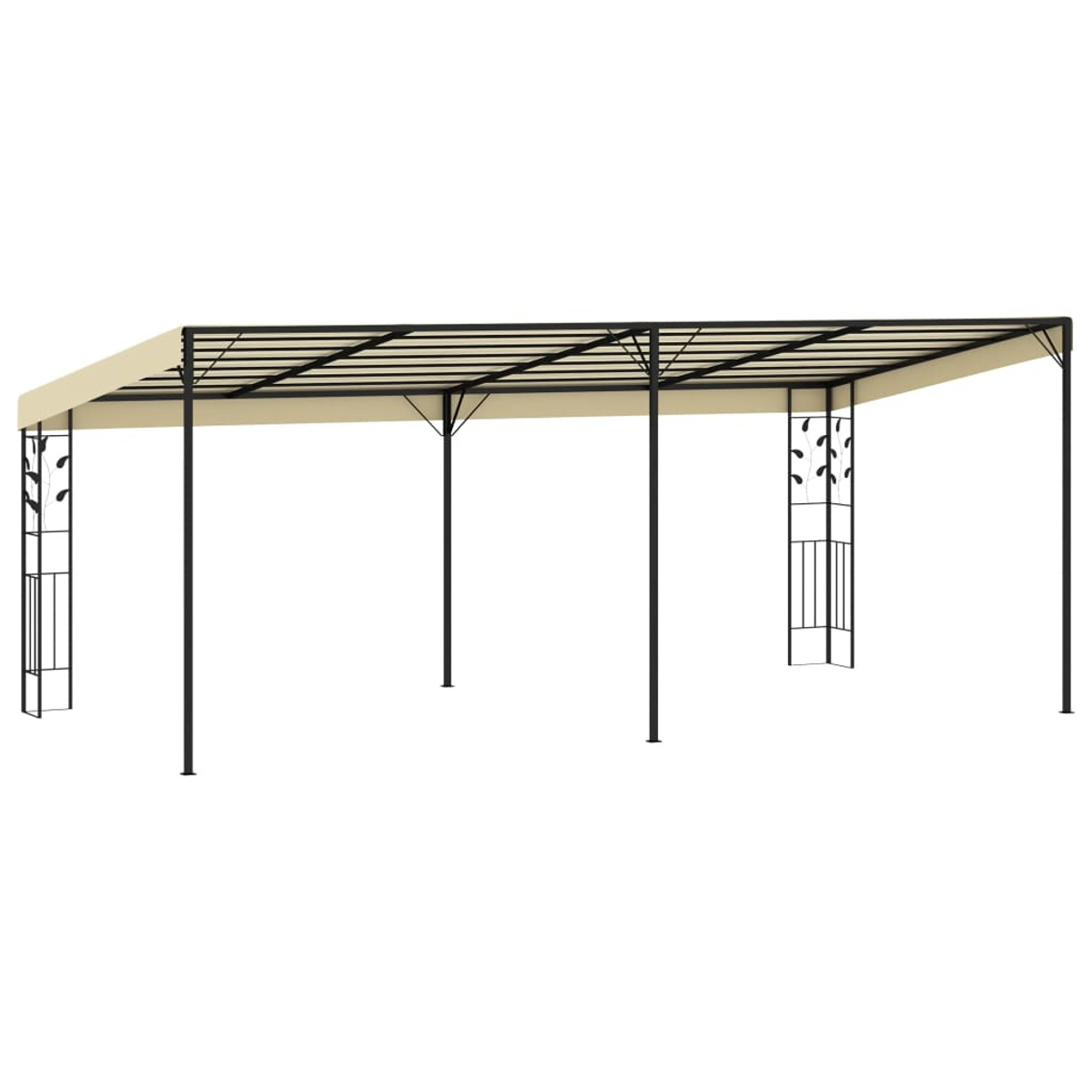 Eine beige Pergola mit einem schwarzen Metallrahmen, Blätter an den Seiten.