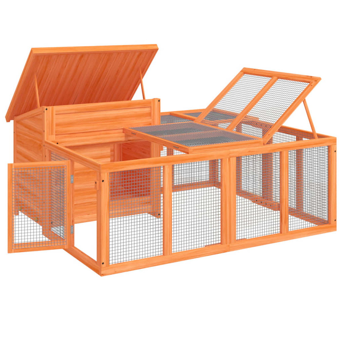 Hühnerstall aus Holz mit offenen Türen und Deckeln. Er hat Gitterfenster und die Farbe ist orange.