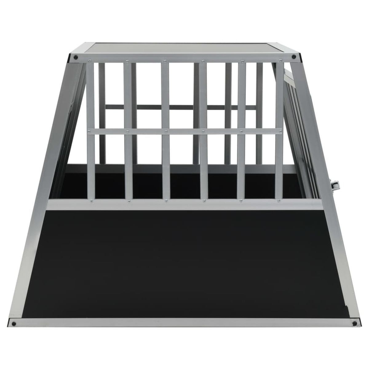 Metall-Hundebox, schräge Ansicht, schwarze Basis mit Metallstäben.