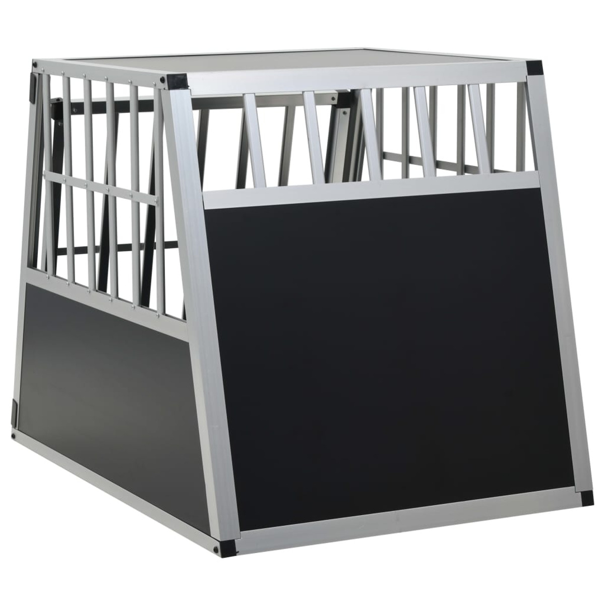 Metallisch silberne und schwarze Hundebox mit Stangen und einer schwarzen Platte.
