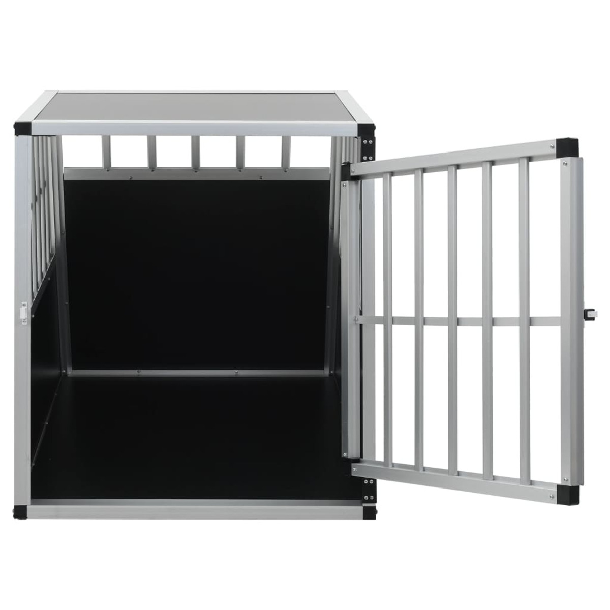 Metall-Hundebox mit offener Tür, schwarzem Innenraum und silbernen Stäben.