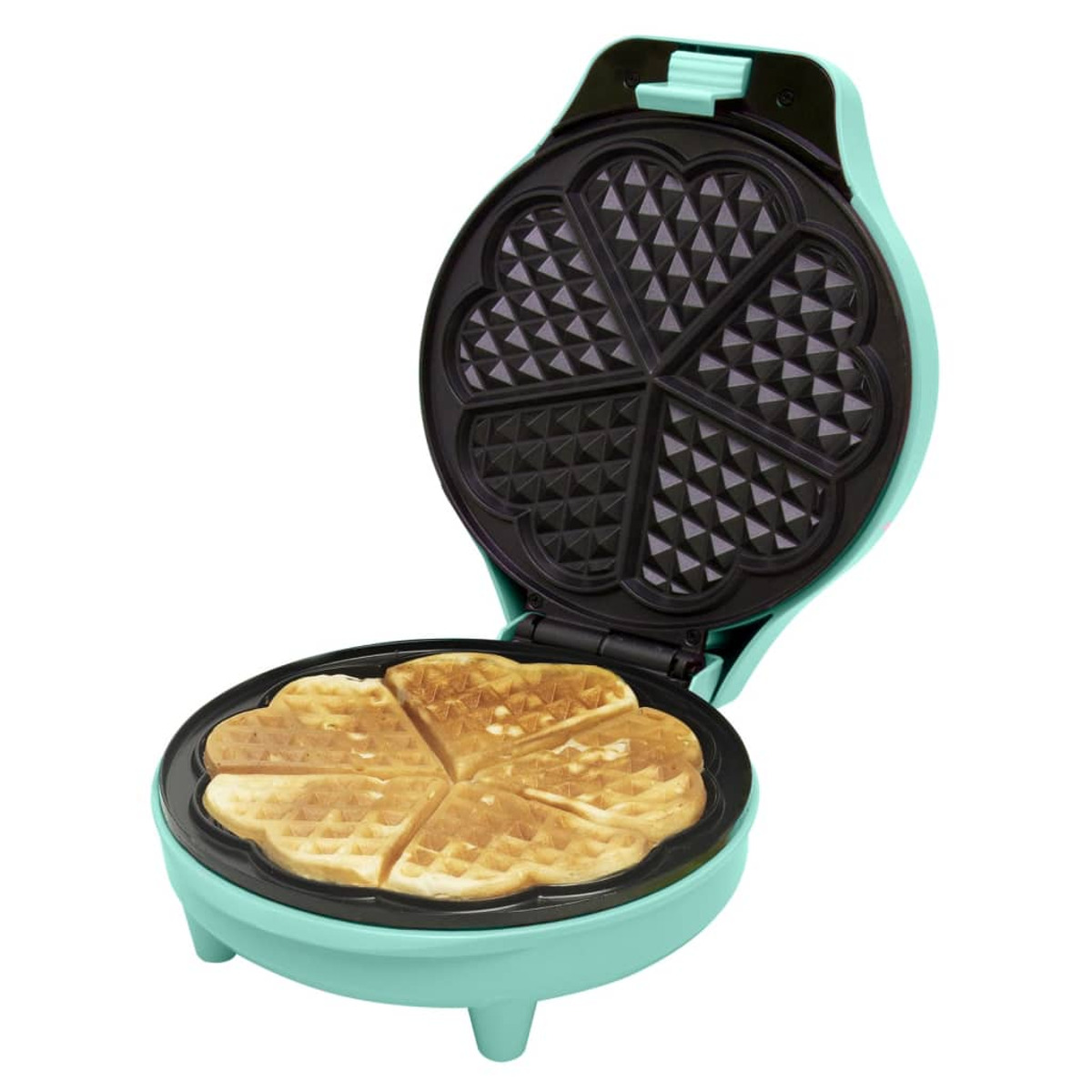 Gofrownica w kształcie serca, otwarta, z upieczonymi goframi w środku i miętowo-zielonym wyglądem.