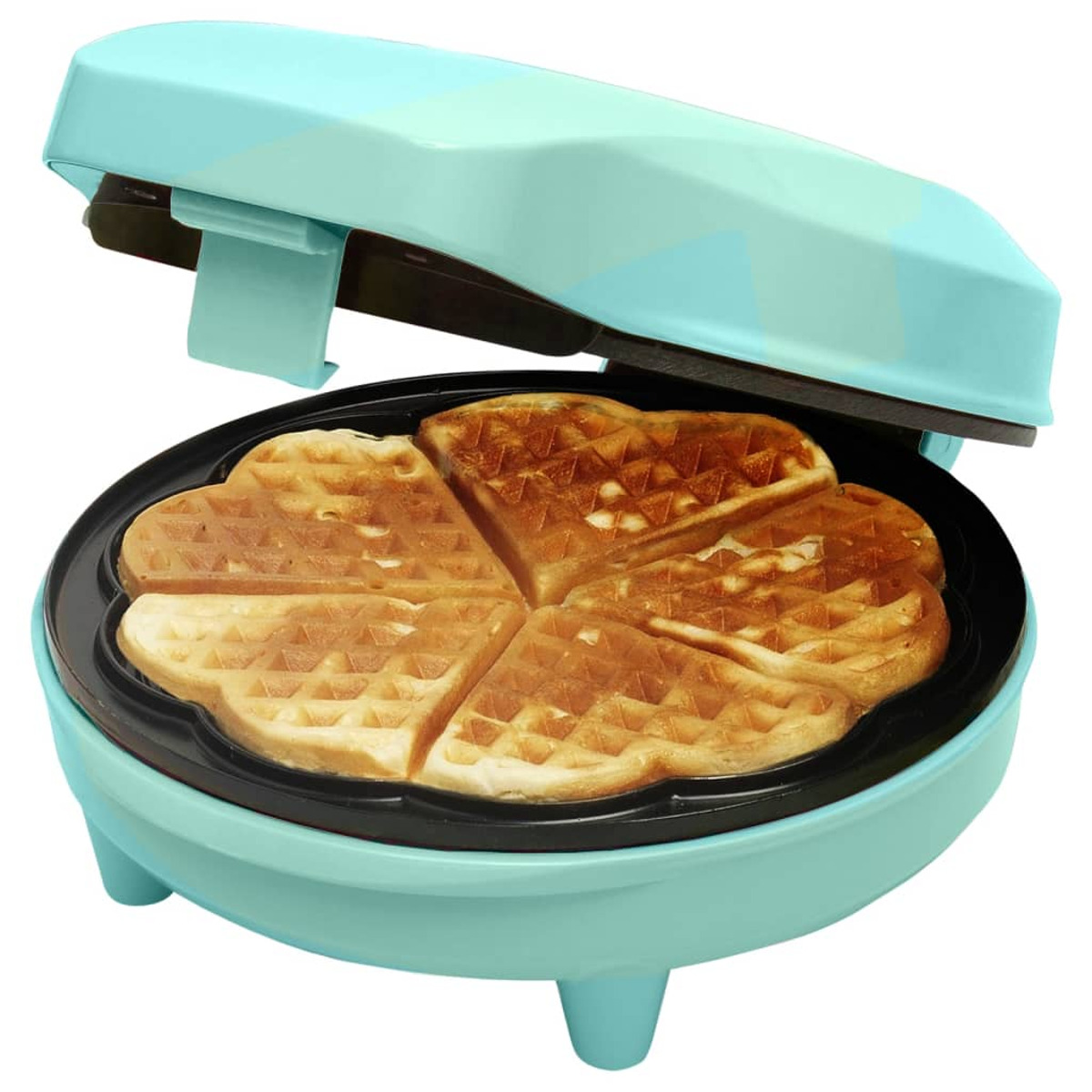 Turkusowa gofrownica w kształcie serca, otwarta, z goframi w środku, na białej powierzchni.