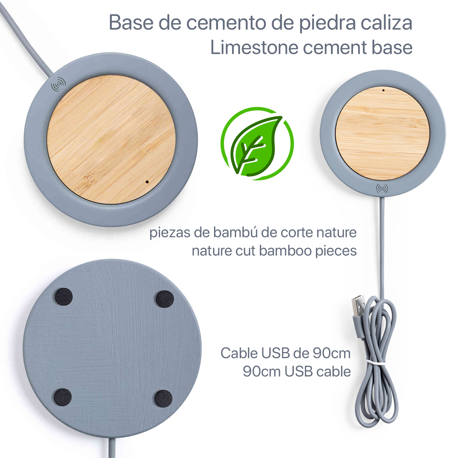 Scaldacaffè grigio e legno con cavo USB. Include un logo a forma di foglia. Testo: 'Base in cemento'.