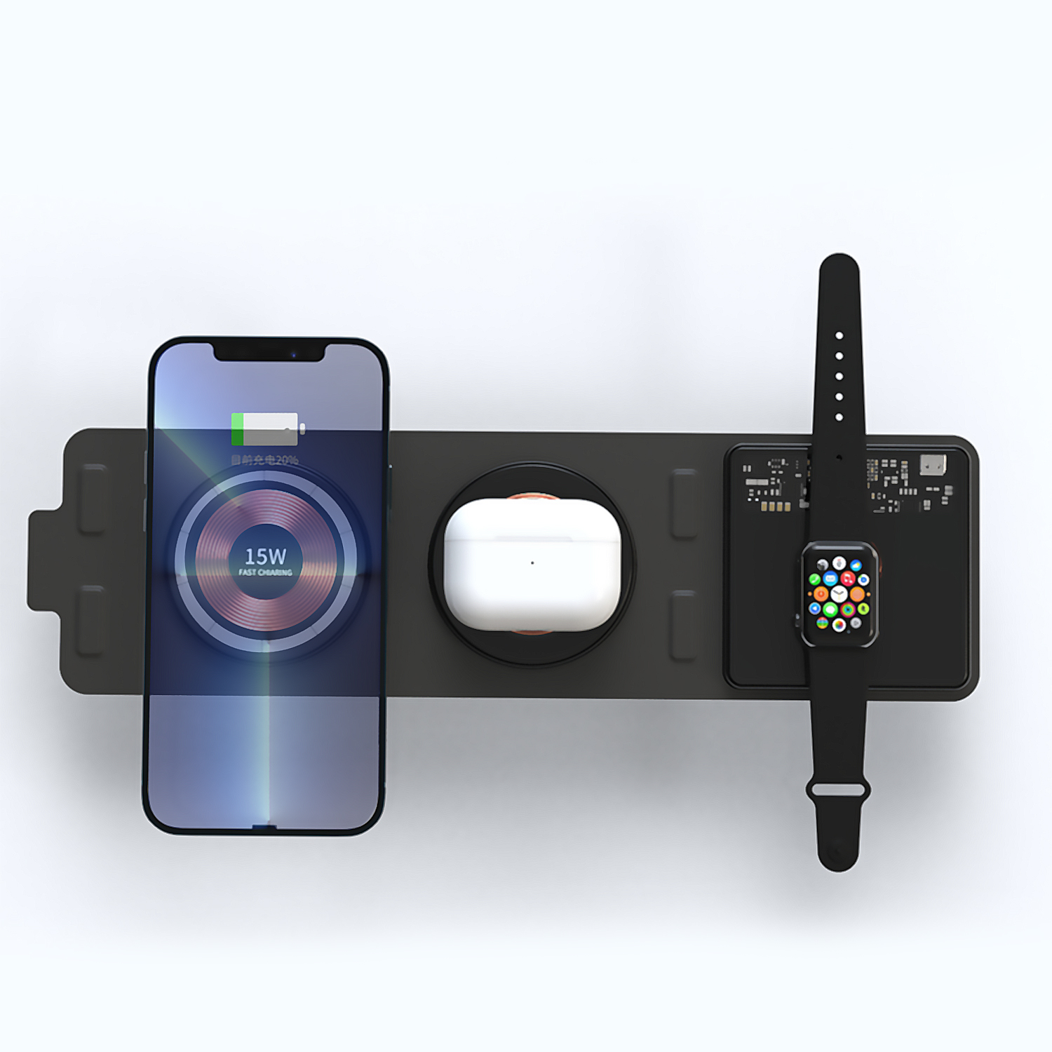 Una stazione di ricarica nera con telefono, AirPods e smartwatch. Il telefono mostra la ricarica.