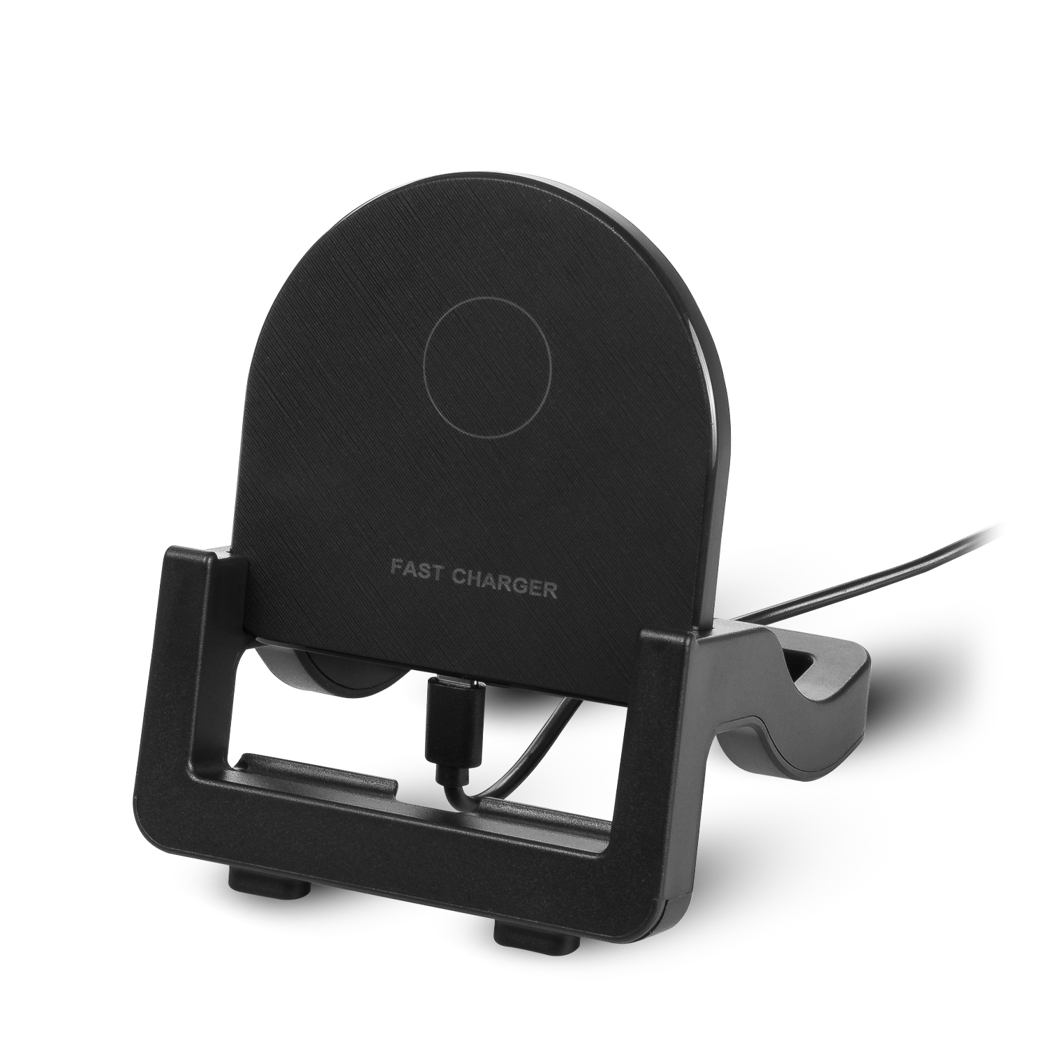 Un caricatore rapido wireless nero con supporto, un pad di ricarica e un cavo collegato.