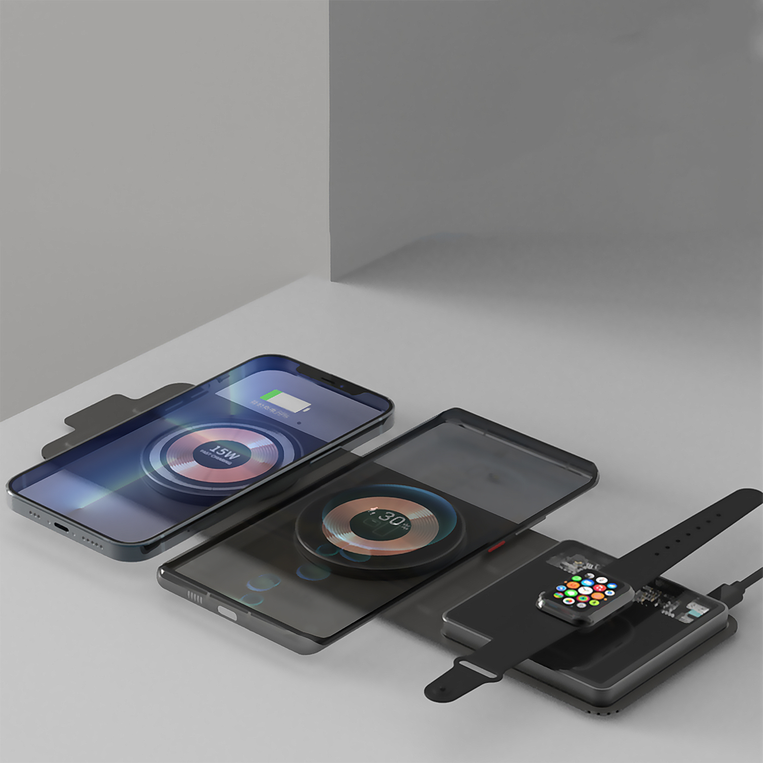 Più dispositivi in carica wireless su una superficie bianca.