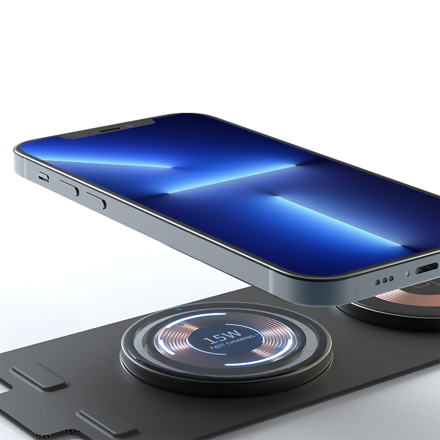 Un telefono sospeso sopra un tappetino di ricarica, che mostra uno schermo blu. Il tappetino ha un simbolo di ricarica rapida da 15W.