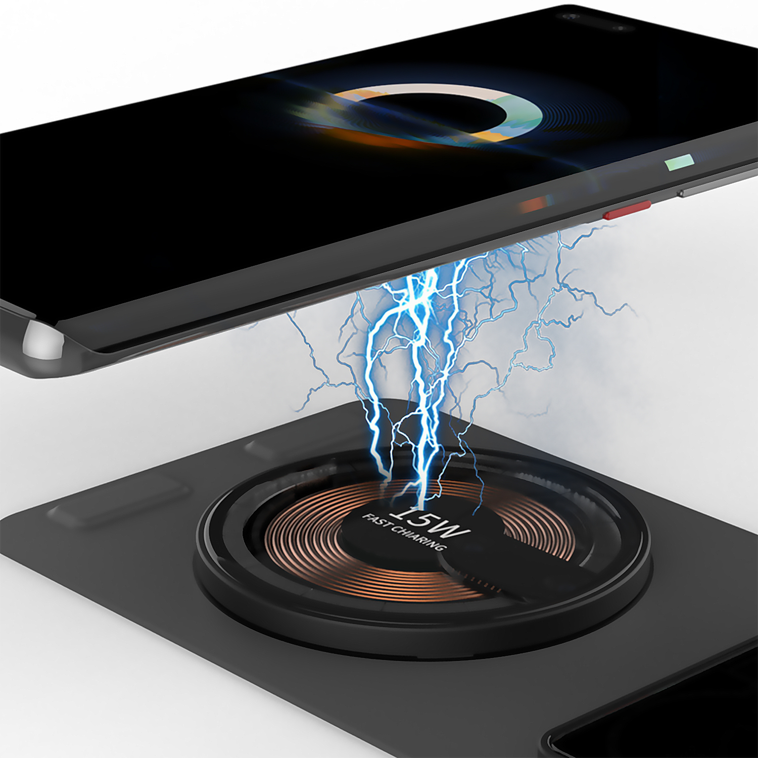 Telefono nero in carica wireless su un pad nero, con onde di energia blu.