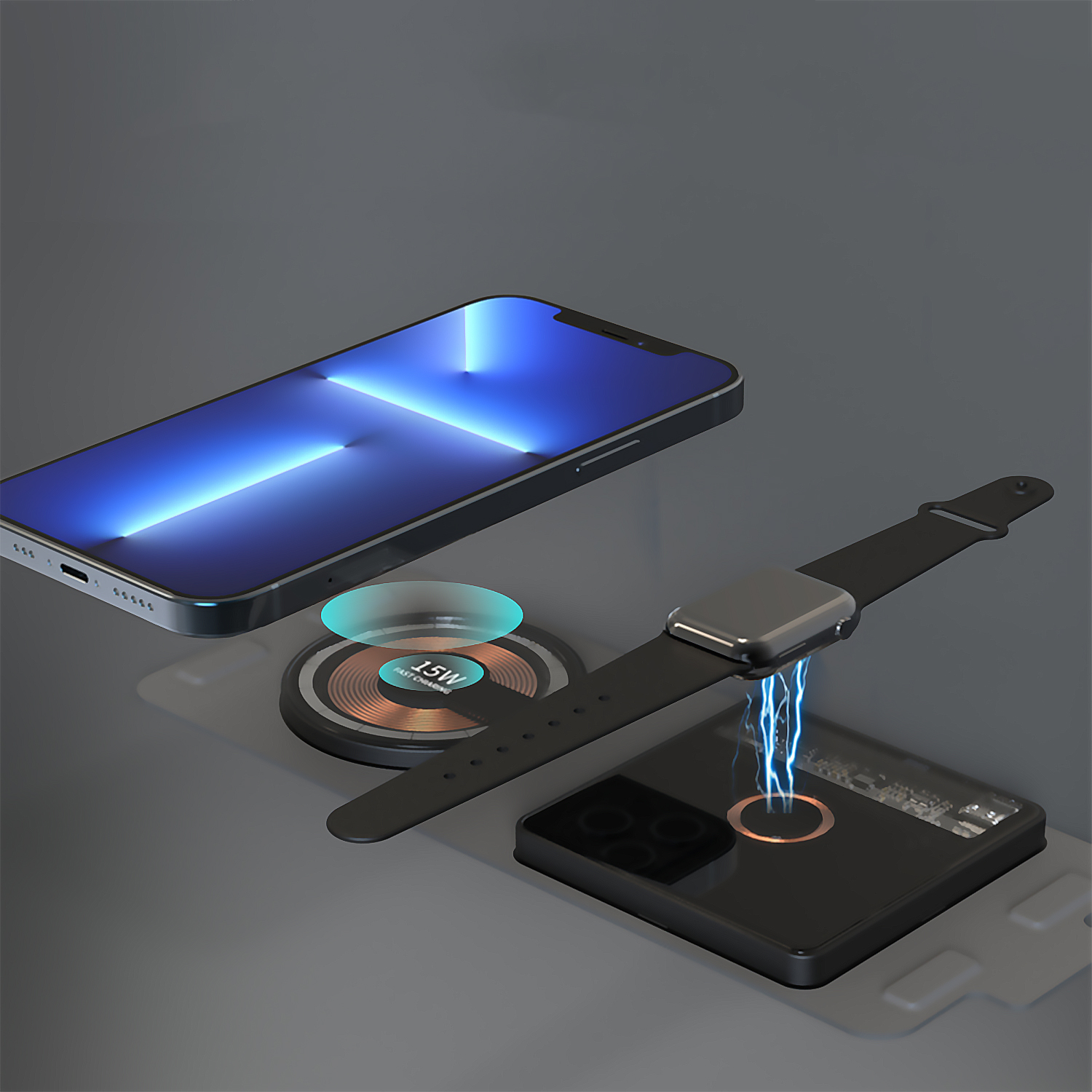 Configurazione di ricarica wireless con telefono, orologio e caricatore, con linee blu.