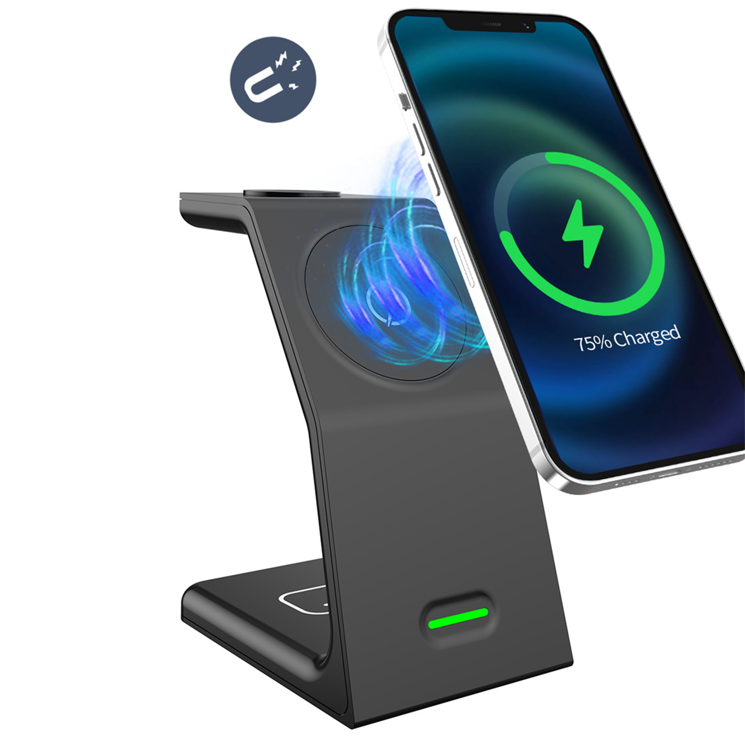 Caricatore wireless che carica un telefono, con indicatore di carica.