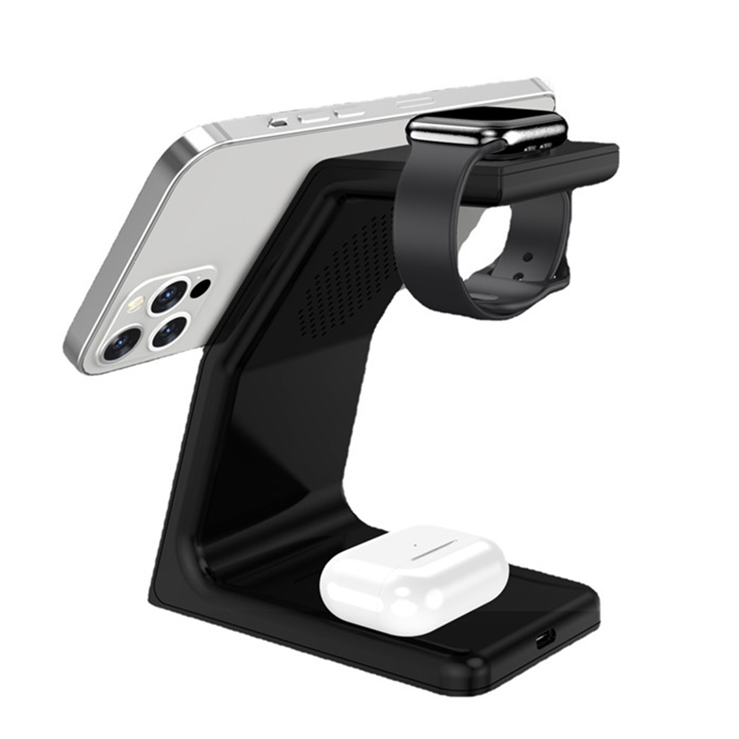 Supporto di ricarica nero con telefono, Apple Watch e AirPods su sfondo bianco.