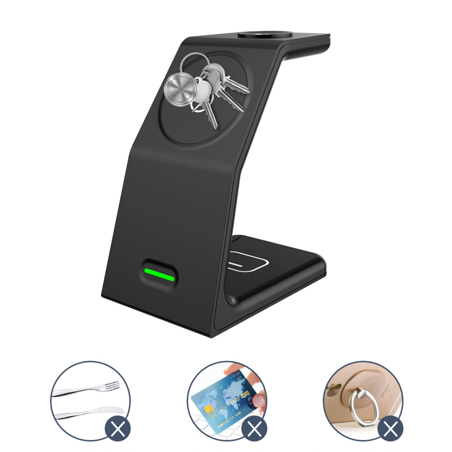 Un supporto nero con un caricatore wireless, un portachiavi e icone di chiavi, con icone di carte di credito.