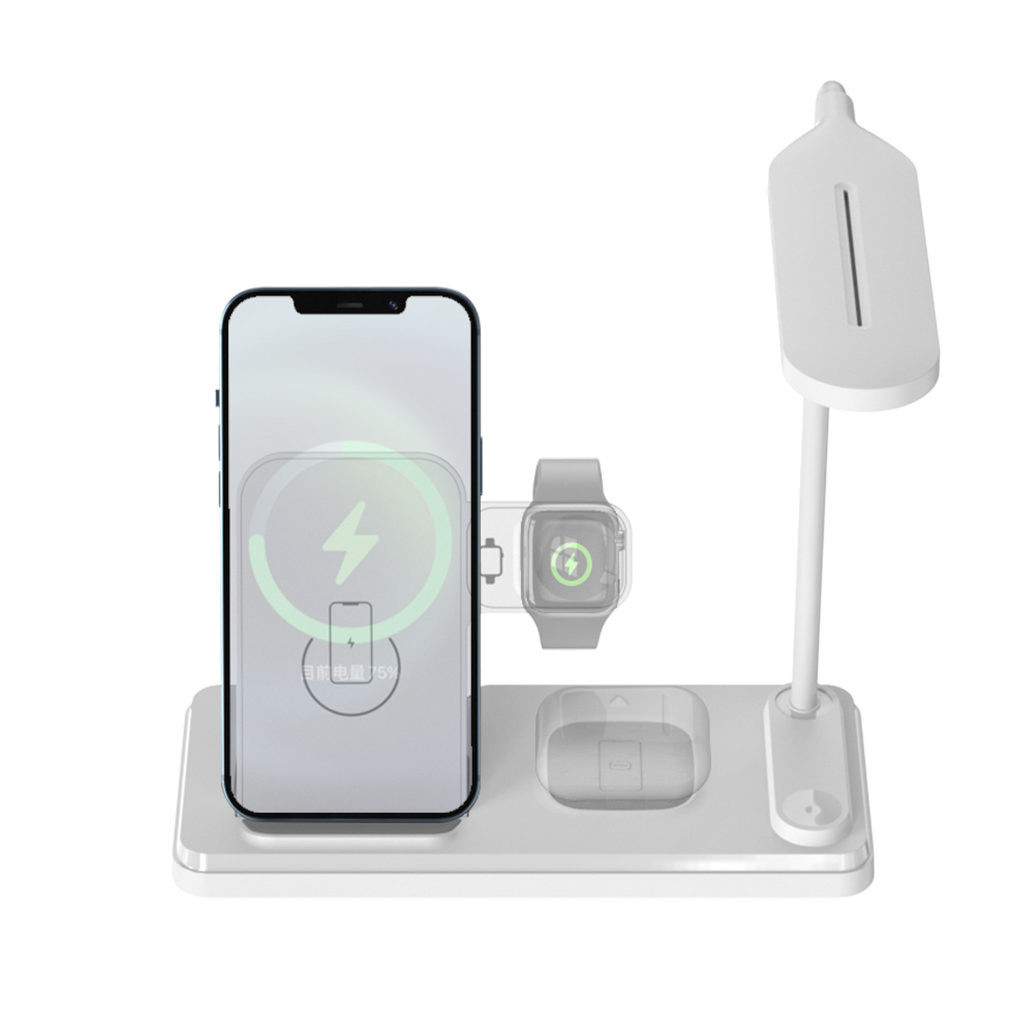 Stazione di ricarica wireless con telefono, orologio e lampada. Sfondo bianco.