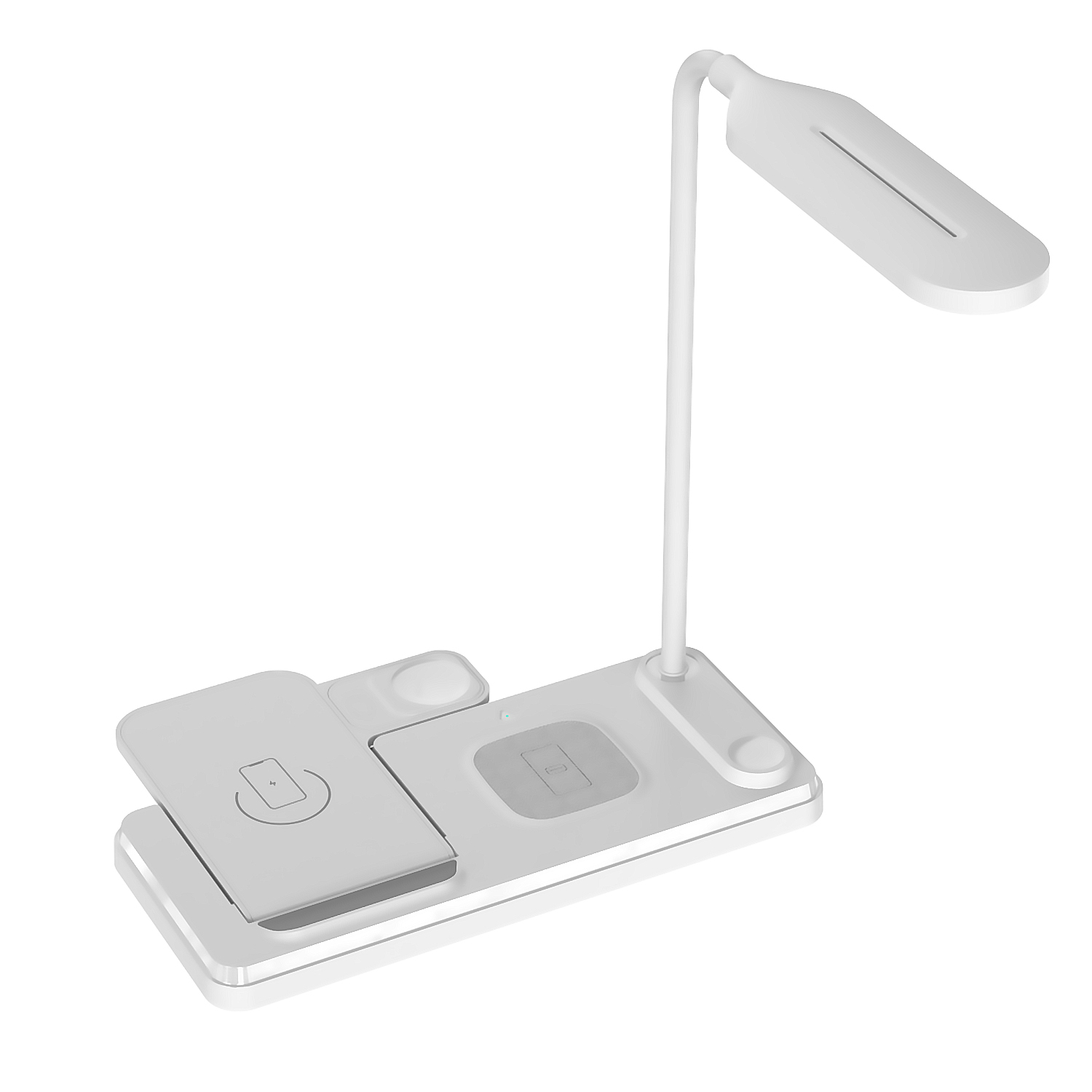 Lampada da scrivania bianca con base di ricarica wireless, un pad di ricarica e un pannello luminoso.