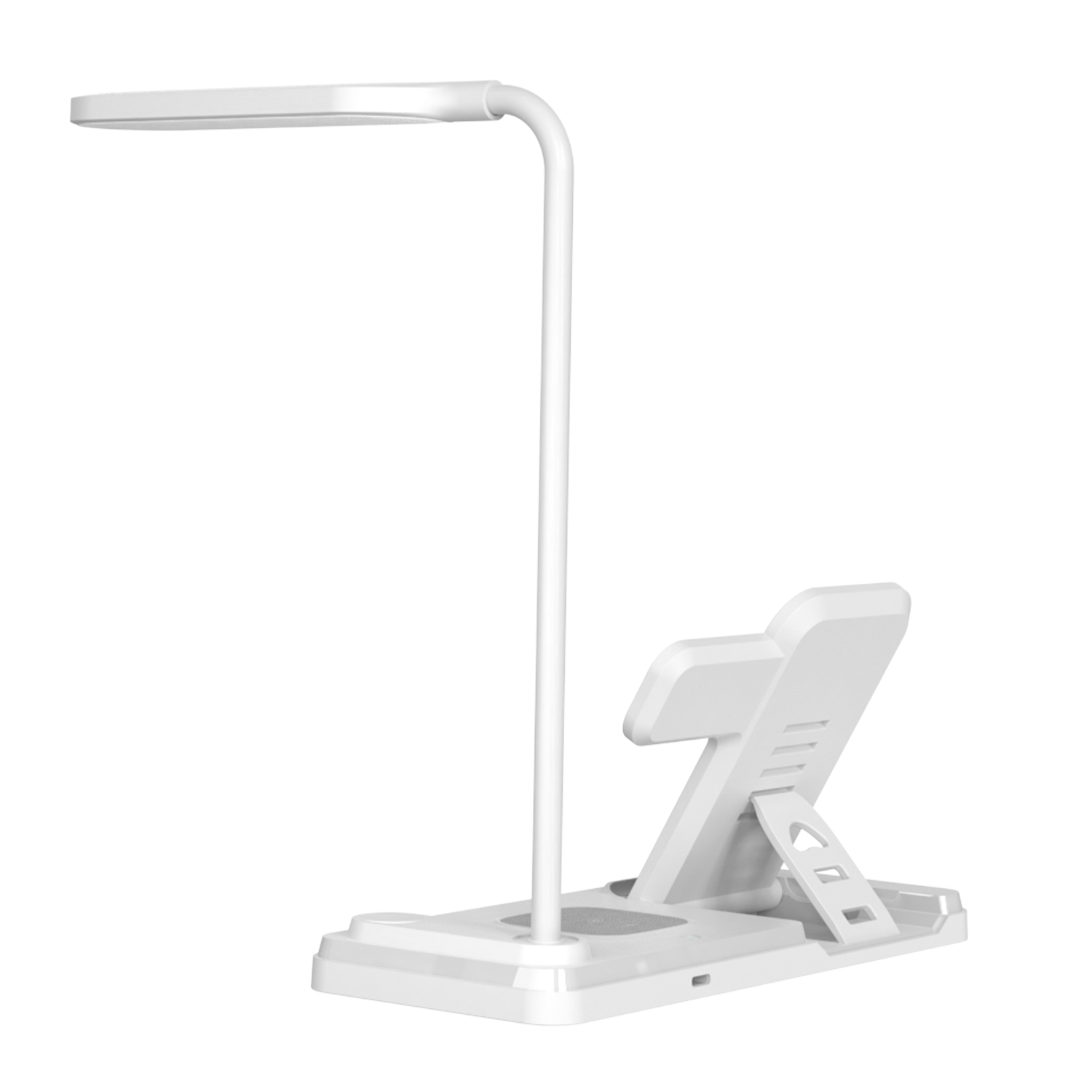 Lampada da scrivania bianca con supporto per telefono e base di ricarica wireless.