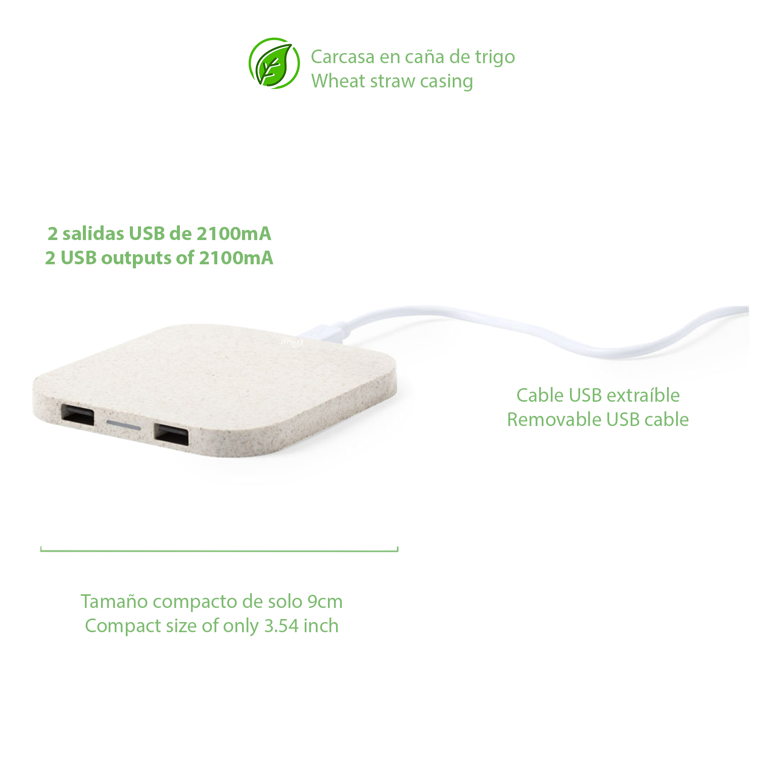 Power bank beige con due porte USB e cavo USB rimovibile. Le dimensioni sono compatte (9 cm).