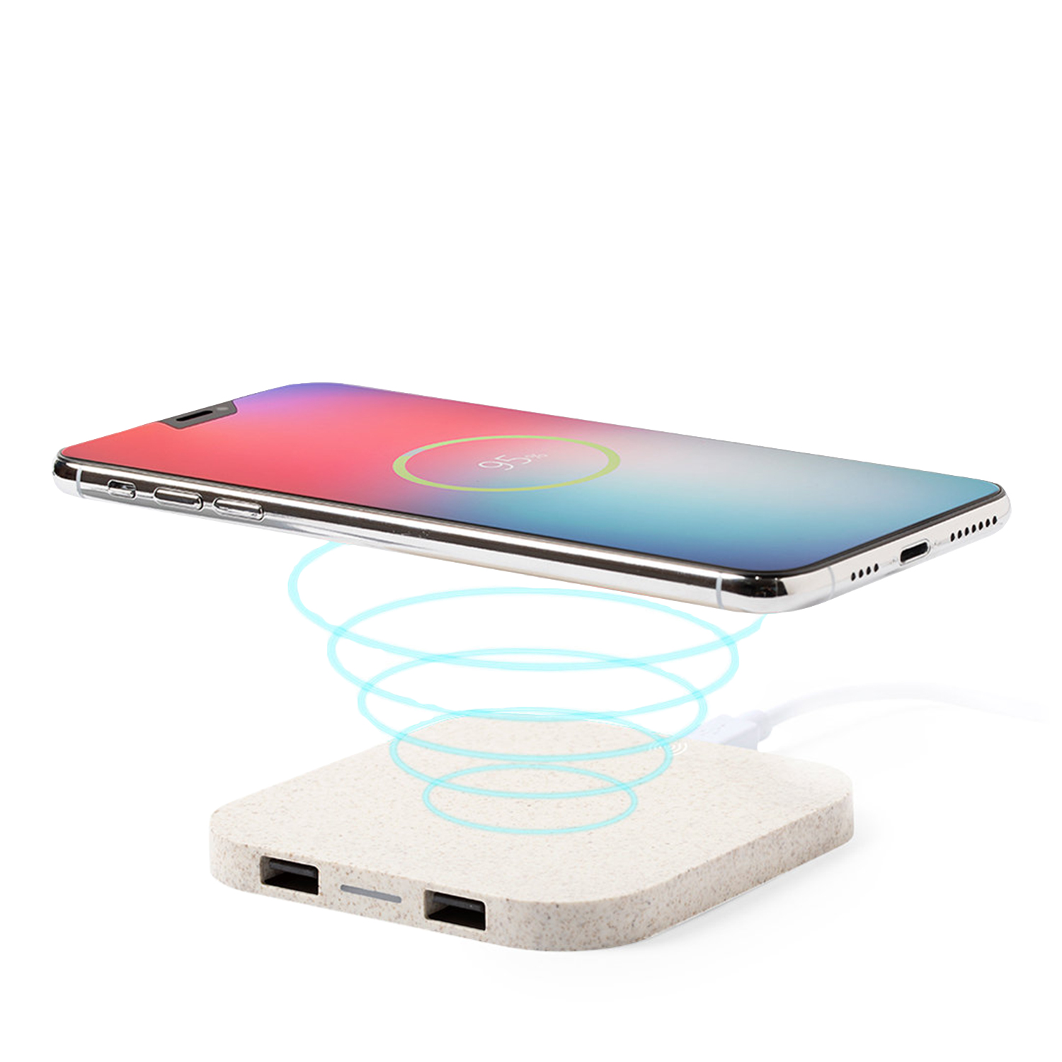 Smartphone in carica wireless su un pad beige. Lo schermo mostra animazione.