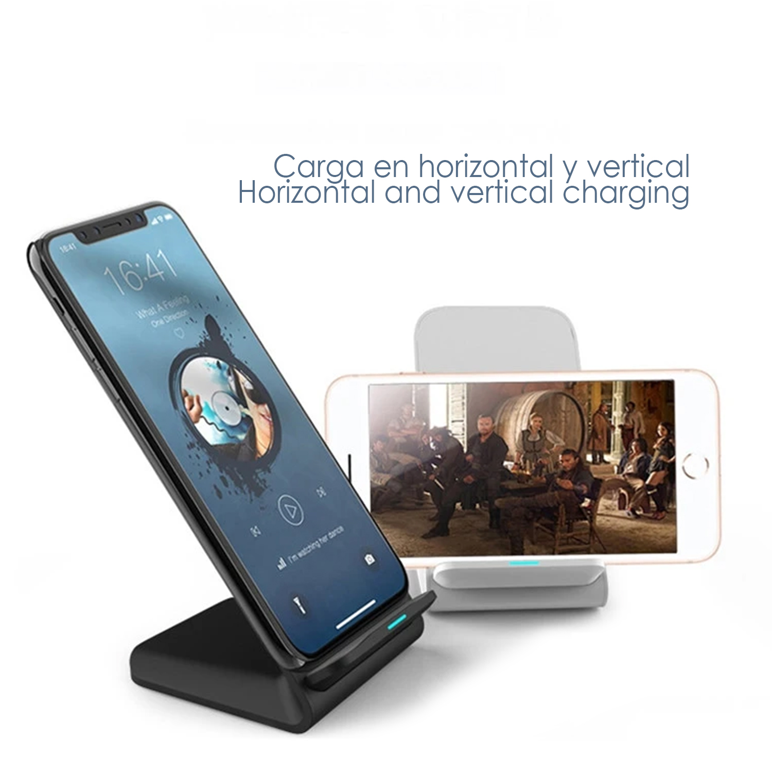 Telefono su supporto di ricarica mostra video, con un altro telefono sullo sfondo.