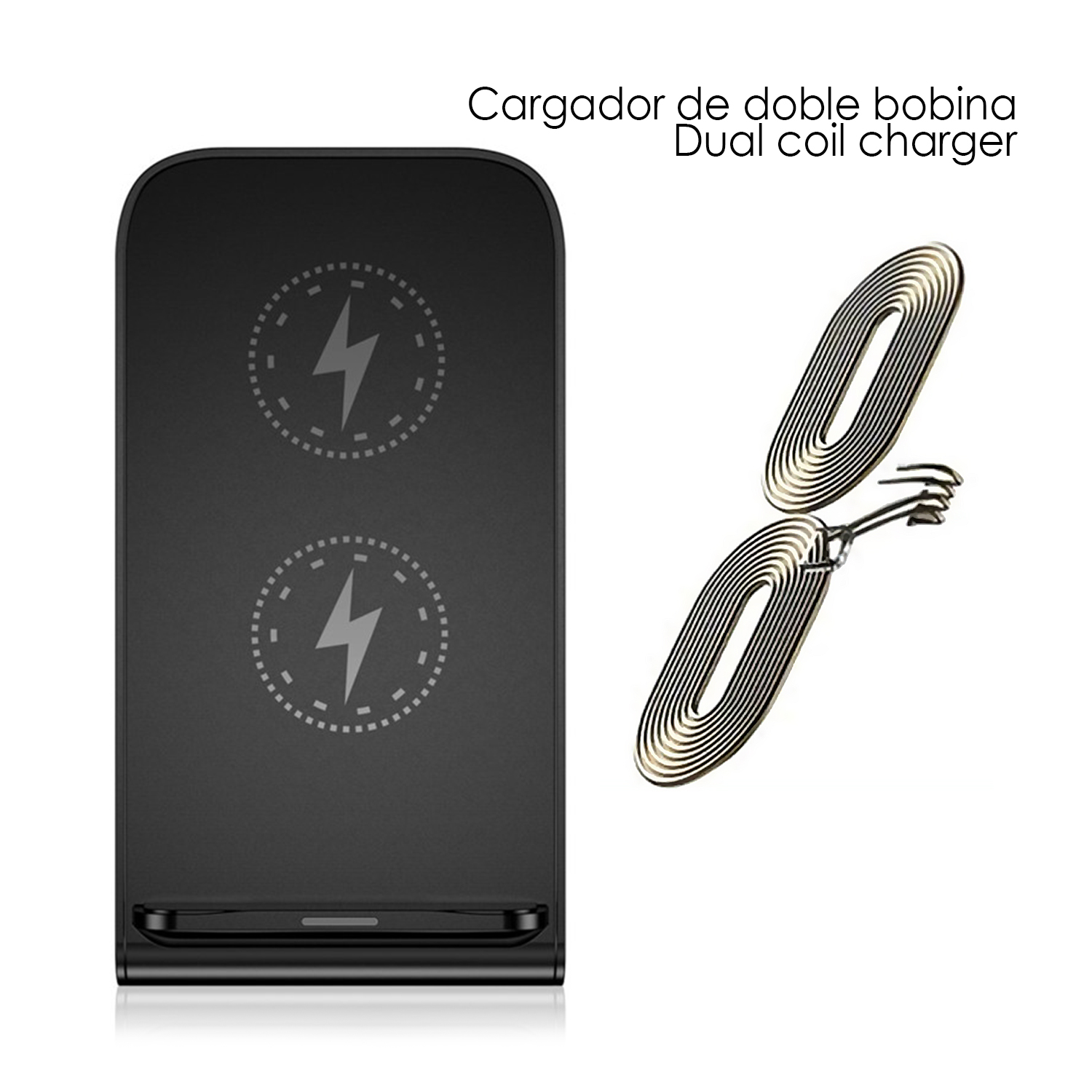 Caricatore wireless a doppia bobina nero e una bobina. Testo: Caricatore a doppia bobina.