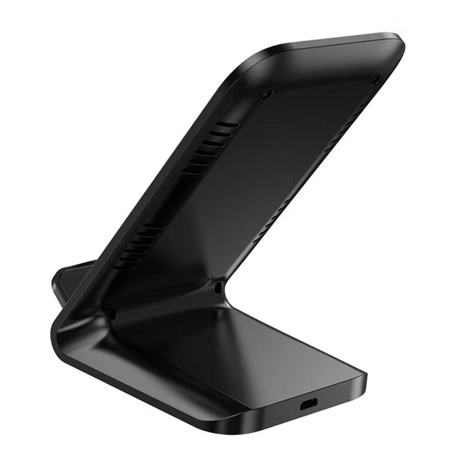 Un supporto di ricarica wireless nero, angolato e che mostra la superficie di ricarica. Sfondo nero.