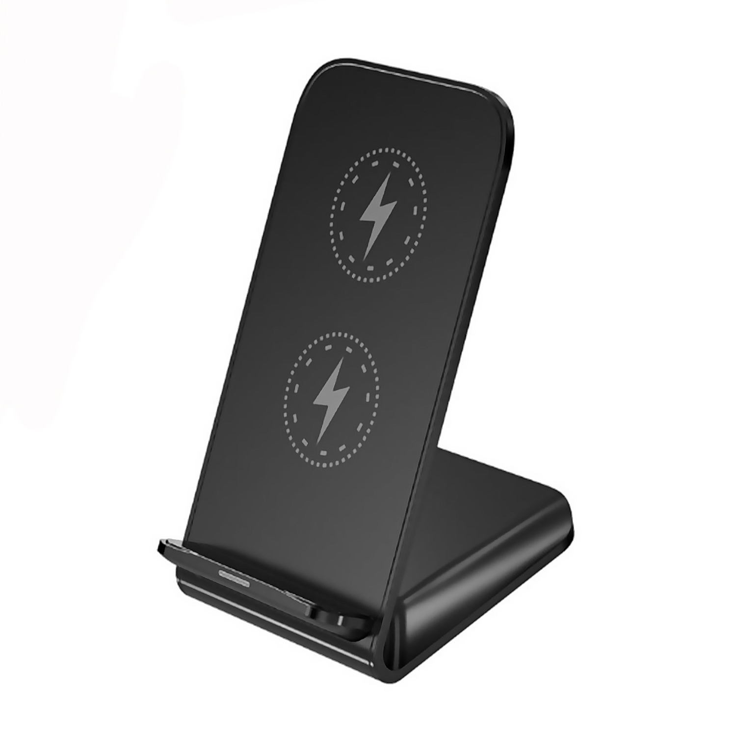 Supporto di ricarica wireless nero con due simboli di fulmine.