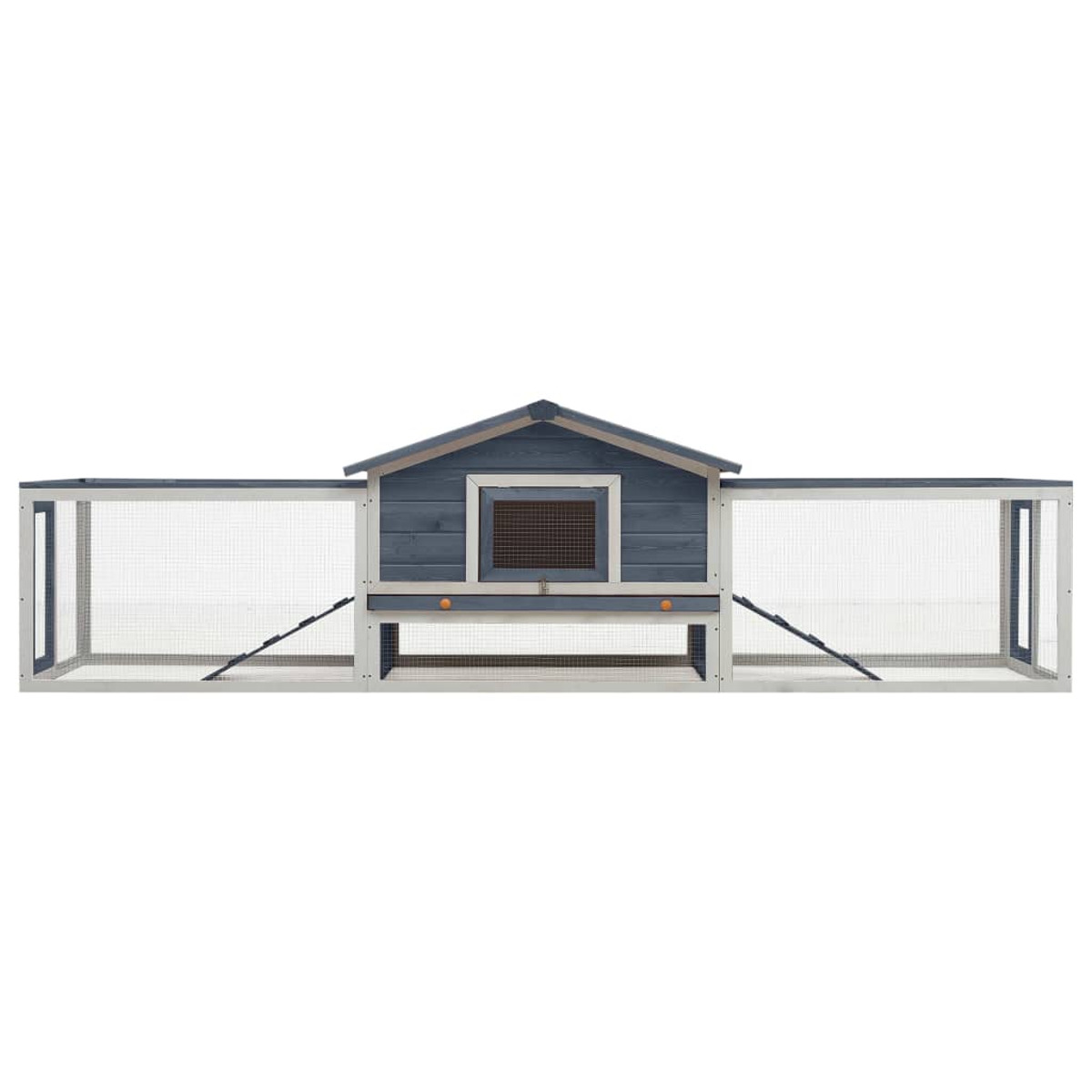 Kaninchenstall aus Holz mit grauem Dach und Gitterseiten. Zwei Rampen und ein kleines Fenster.