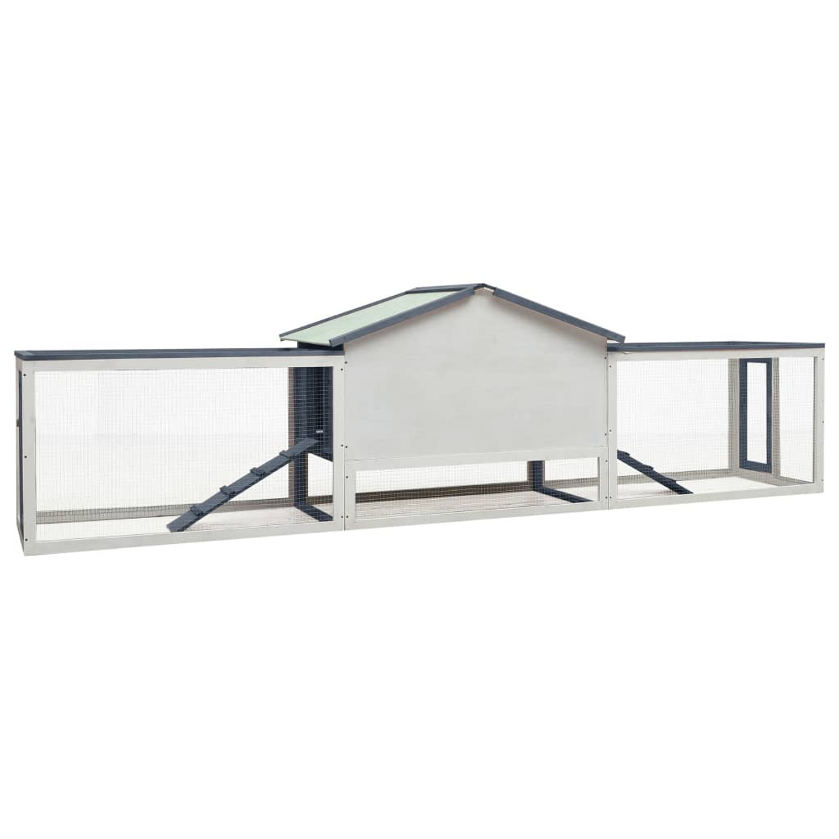 Ein Kaninchenstall aus Holz mit Dach, Drahtgeflecht und Rampen, horizontal verlaufend.