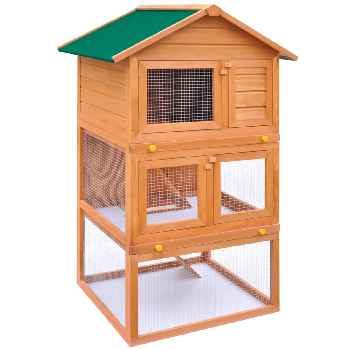 Kaninchenstall aus Holz mit grünem Dach, Drahtgeflecht und zwei Ebenen mit Türen.