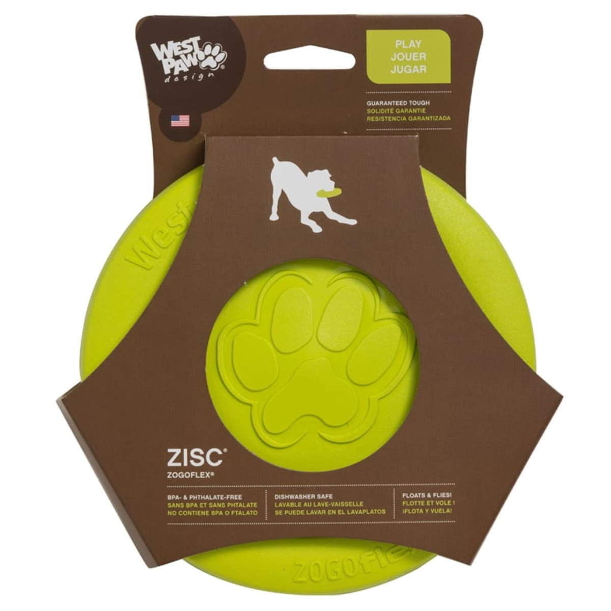 Eine grüne Frisbee mit einem Hundepfotenabdruck und Text, verpackt in einer braun-weißen Box.