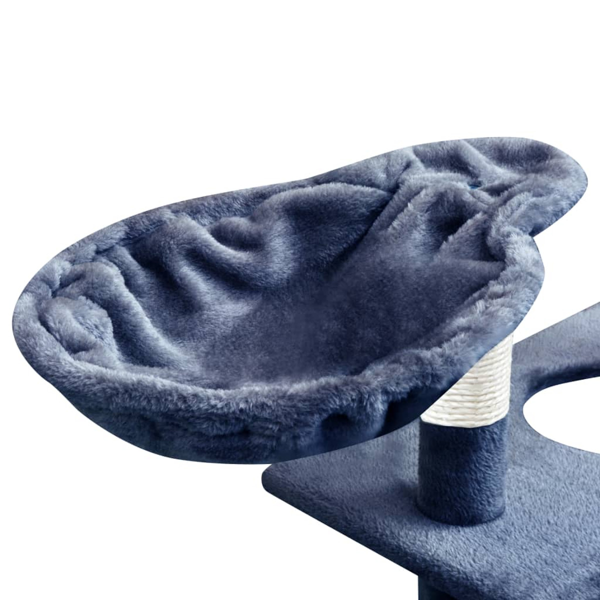 Katzenbaum mit einem flauschigen, schalenförmigen Bett oben, das von einem weiß umwickelten Pfosten getragen wird.