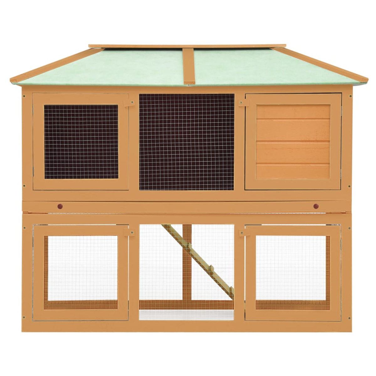 Kaninchenstall aus Holz. Es hat zwei Ebenen mit Drahtgitter und Holztüren. Das Dach ist grün.