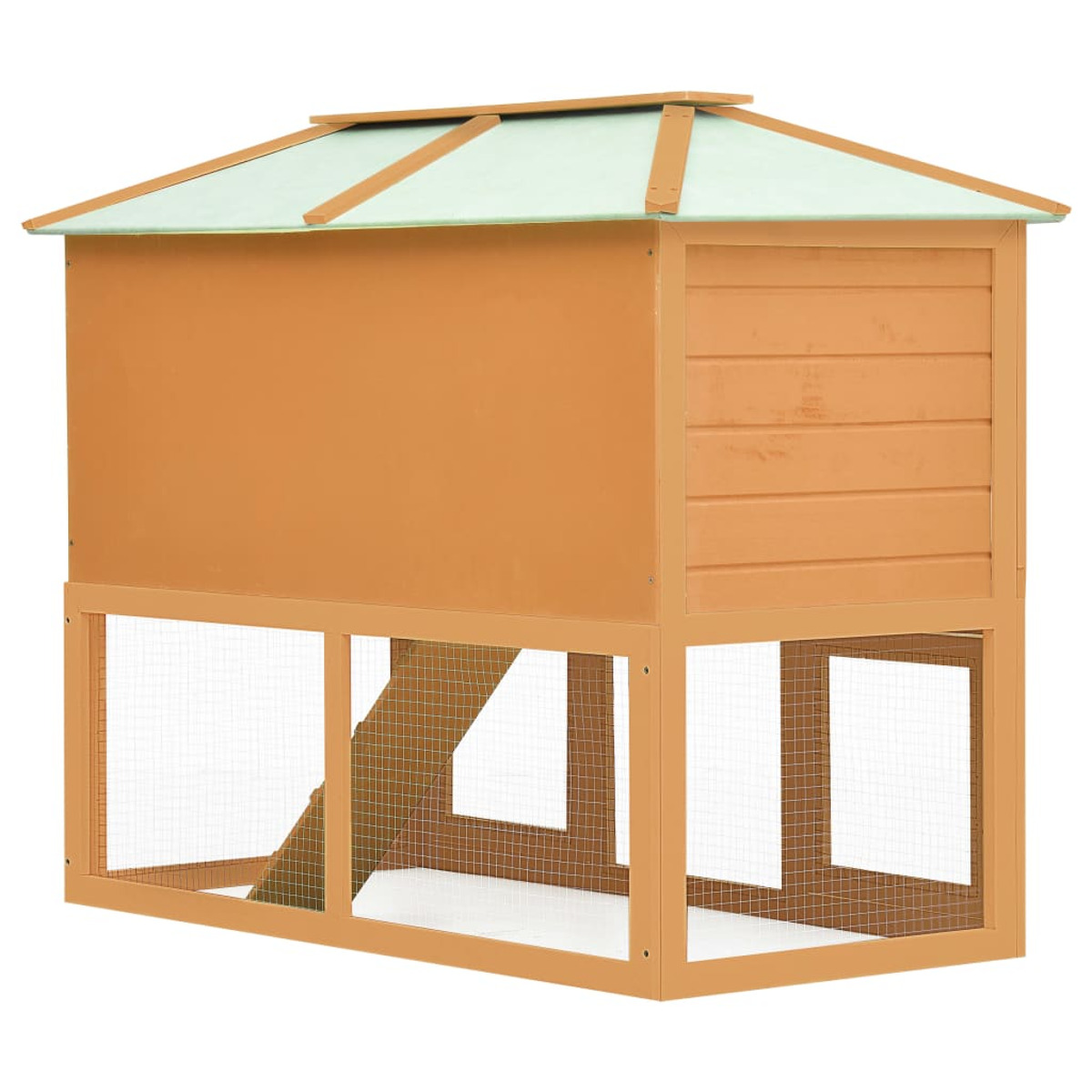 Vogelhaus aus Holz mit grünem Dach, Drahtgitterfenstern. Holzleiter innen. Weißer HG.