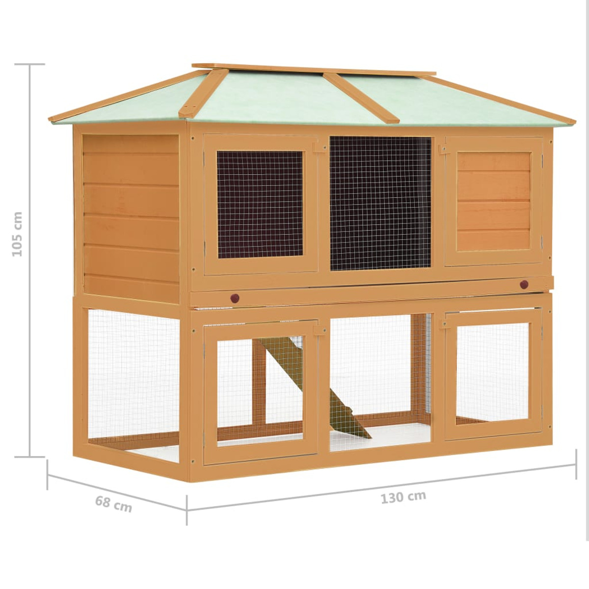 Kaninchenstall aus Holz mit Maßen. Braun und grün.