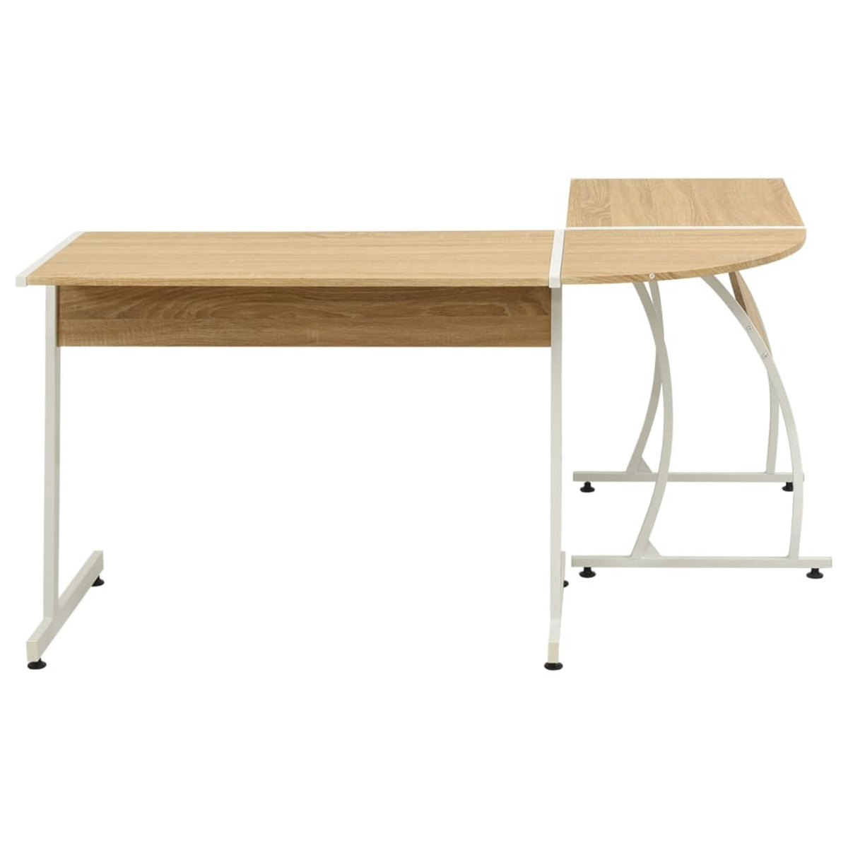 Holzschreibtisch mit weißem Metallrahmen, geschwungenes Design.