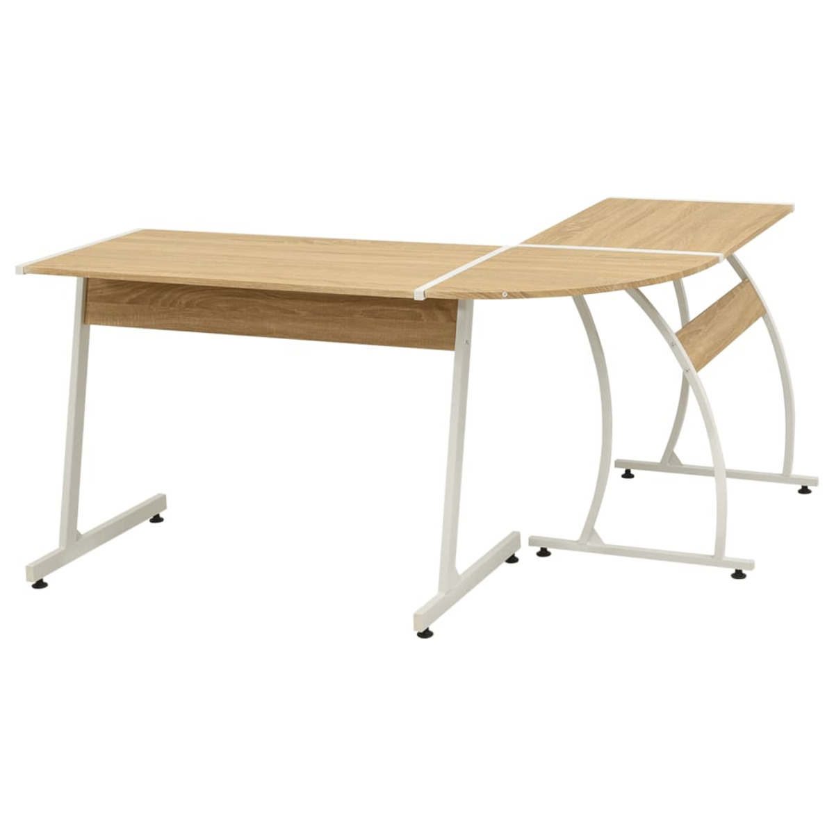 L-förmiger Schreibtisch, helle Holzplatte mit weißem Rahmen und Beinen. Weißer Hintergrund.