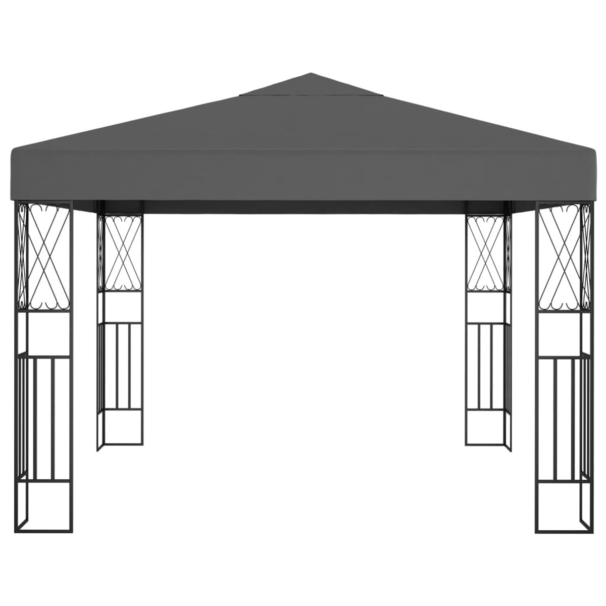 Pavillon mit dunkelgrauem Dach, schwarzem Metallrahmen und Blättern, isoliert auf Weiß.