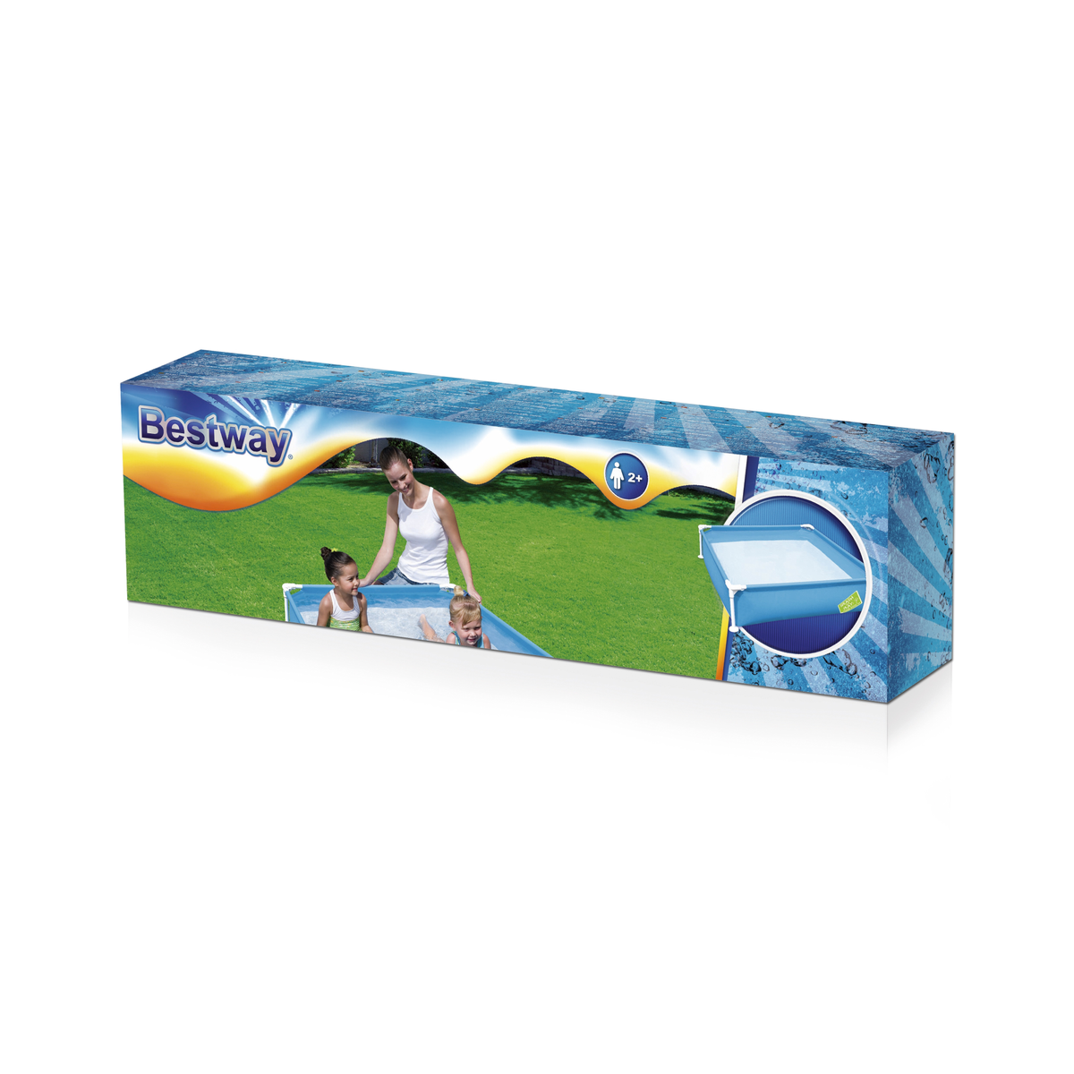 Verpackung für einen Pool, die eine Frau und Kinder in einem Pool auf einer Wiese zeigt.