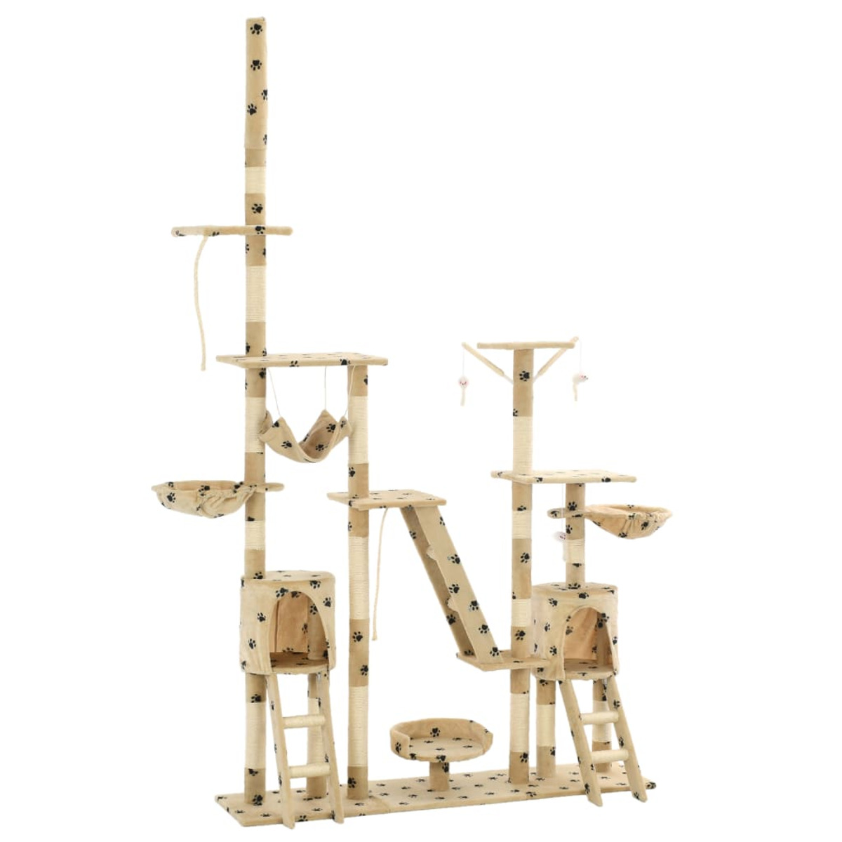 Ein hoher Katzenbaum mit mehreren Ebenen, Betten und Kratzbäumen auf weißem Hintergrund. Er ist beige.