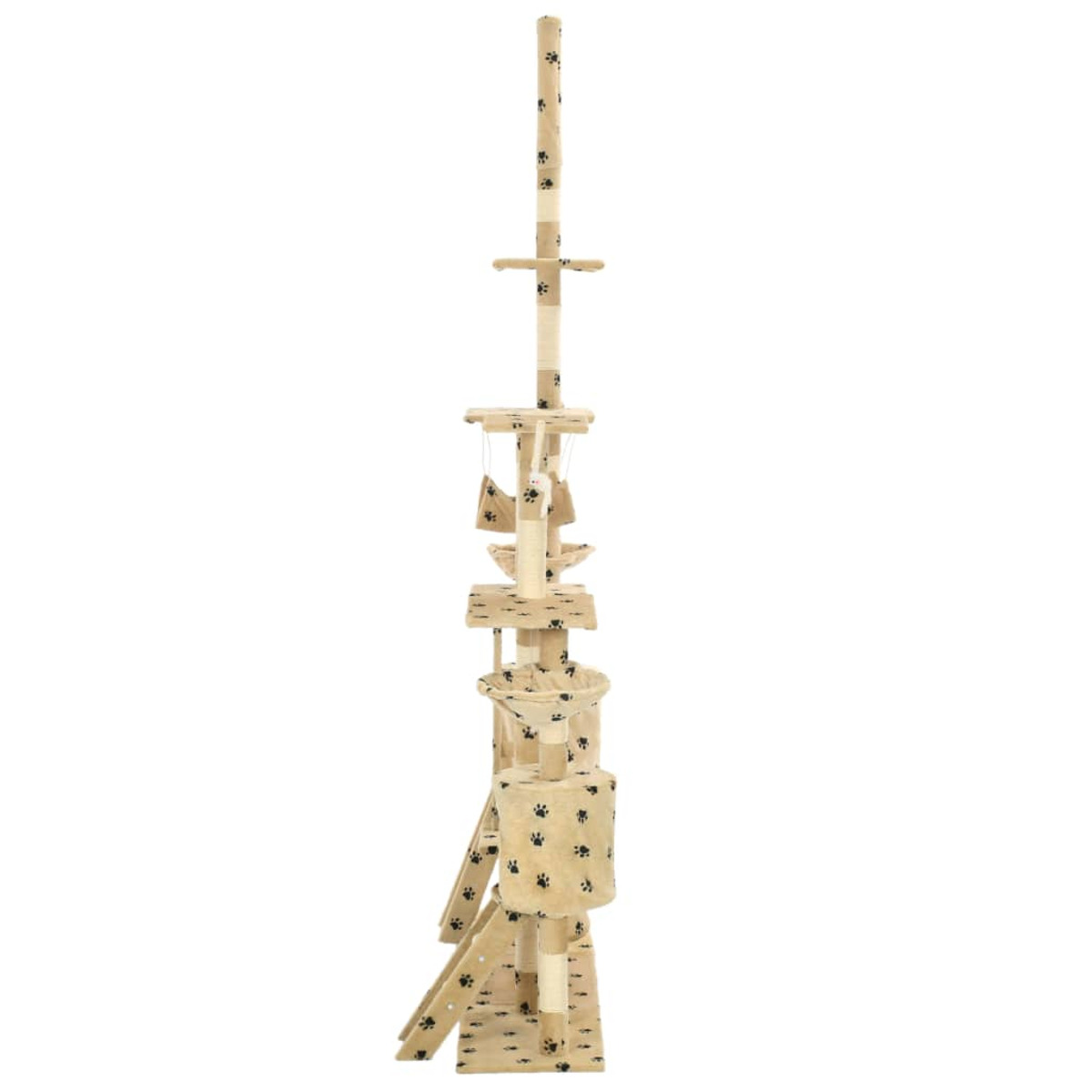 Katzenbaum, beige mit schwarzen Pfotenabdrücken, hoch, mehrstöckig.